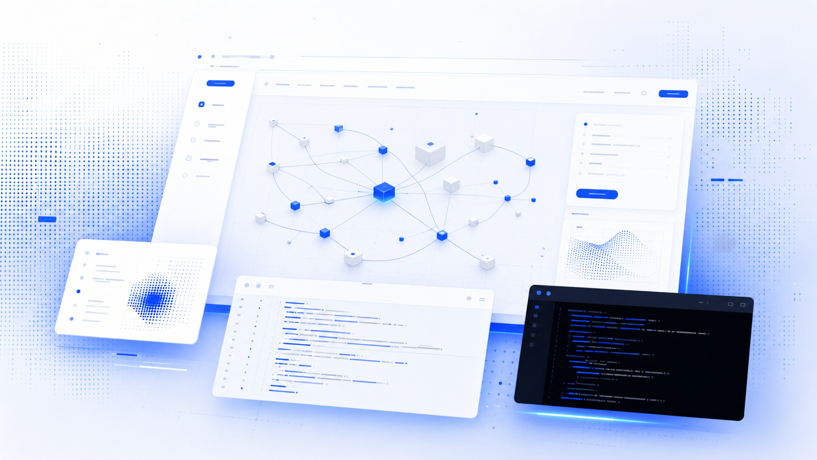 Blue and white developer console interface with abstract data graph panels.